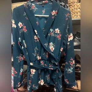 Gibson Teal Floral Wrap Blouse